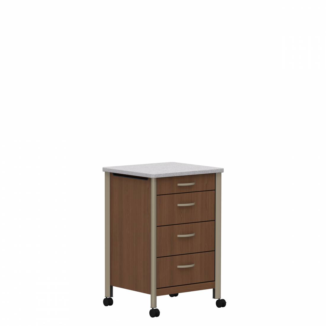 Meuble de chevet, dessus en surface solide, quatre roulettes, trois tiroirs et tablette coulissante