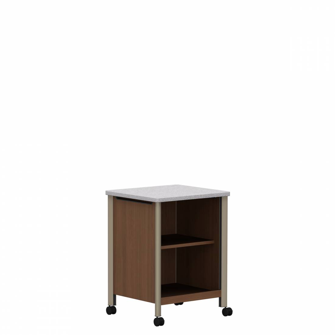 Meuble de chevet, dessus en surface solide, quatre roulettes et tablette réglable