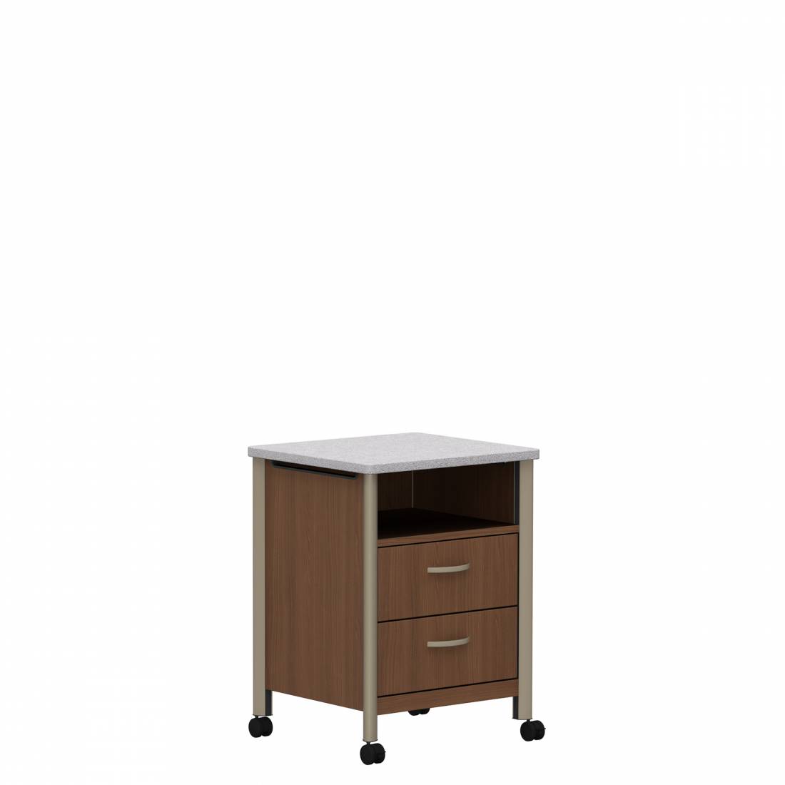 Meuble de chevet, dessus en surface solide, quatre roulettes, deux tiroirs et tablette fixe