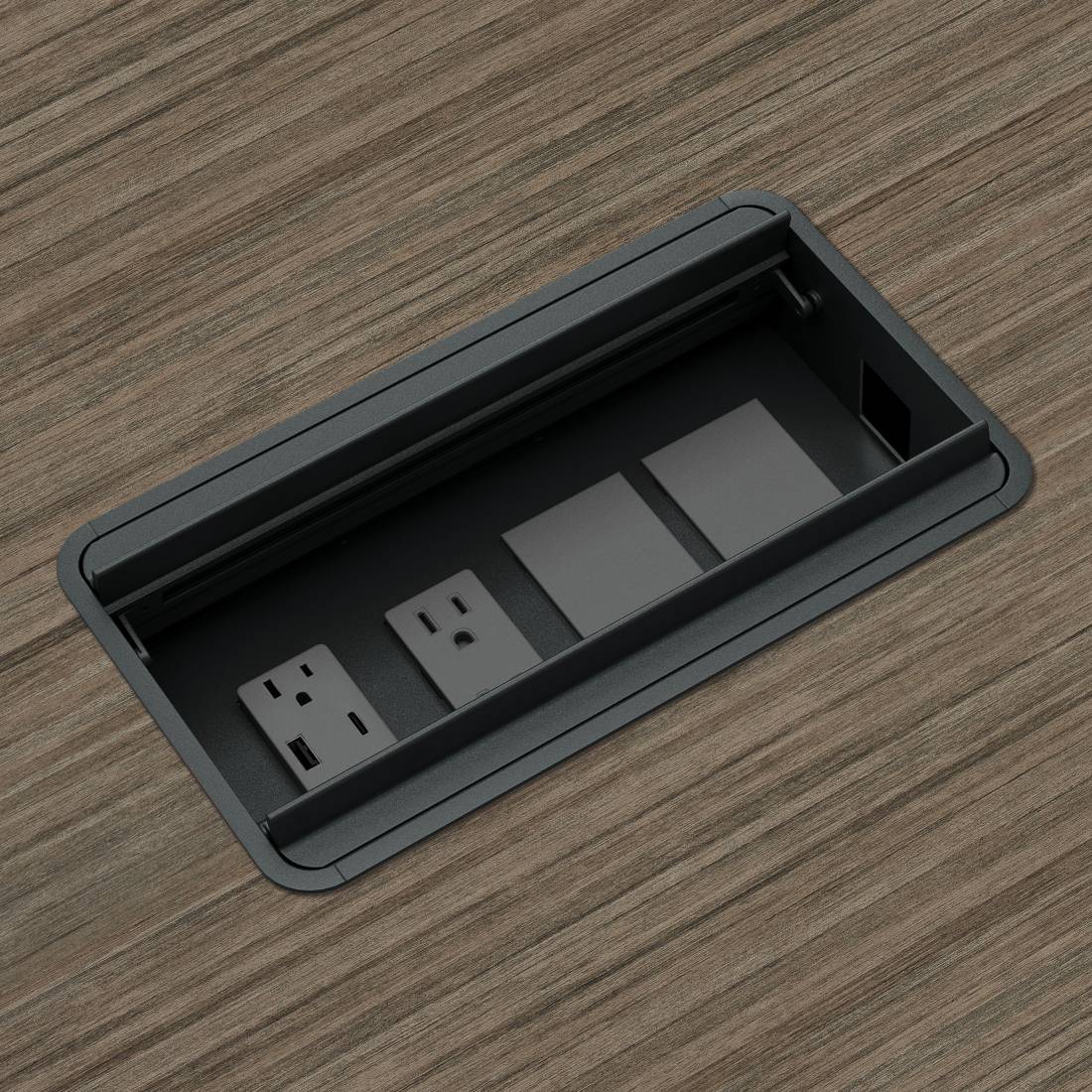 Double Sided Recessed Power Block, 1 Power Outlet, 1 Power/USB-A&C Module, Black