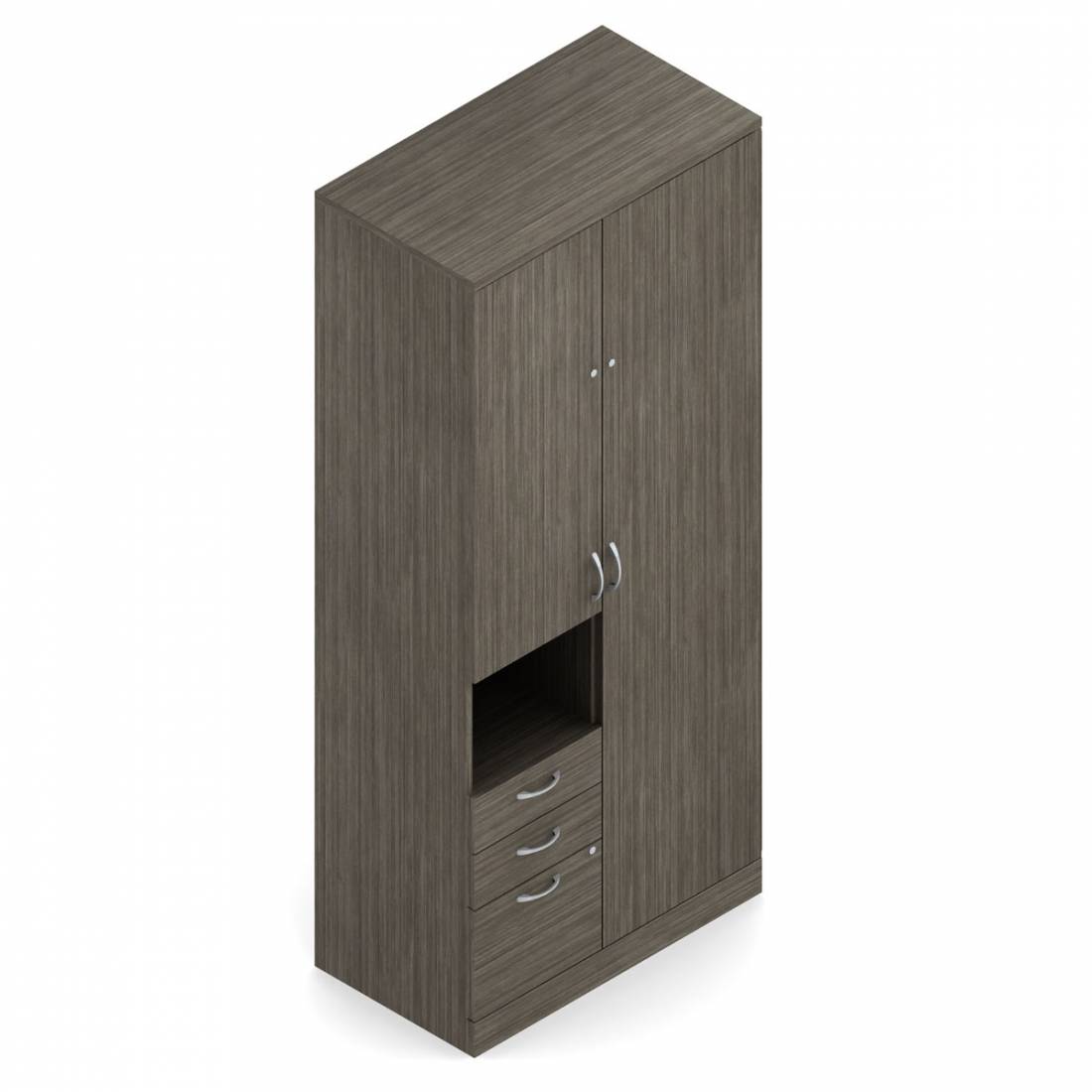 Rangement personnel de 84,5 po/85 po H, avec portes et cavité, 36 po L x 24 po P, deux tiroirs simples et un tiroir classeur - gauche