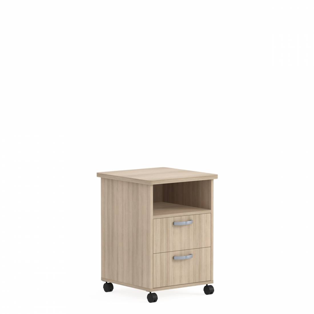 Bedside Cabinet, Casters, Two Drawers, Fixed Shelf
